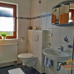 Modernes, hell gefliestes Badezimmer der Ferienwohnung Ilona in Zweibrücken mit Fenster, Waschbecken, wandhängendem WC, Spiegel und freundlicher, sauberer Atmosphäre.